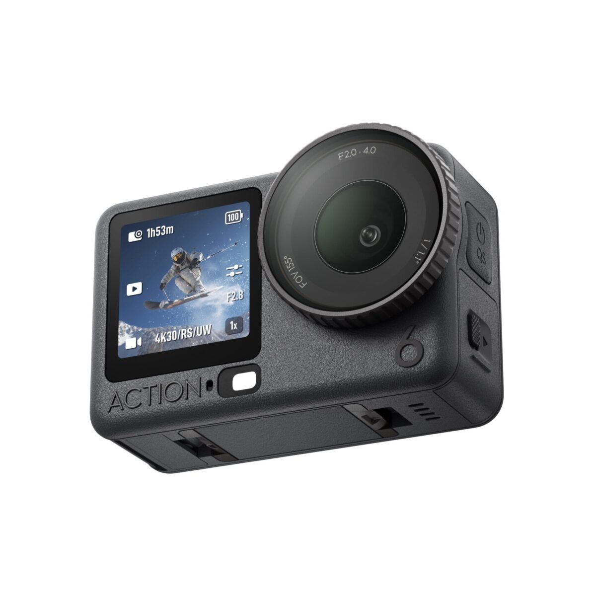 نمایی از جلوی دوربین اکشن DJI Osmo Action 6 که دارای یک نمایشگر کوچک است